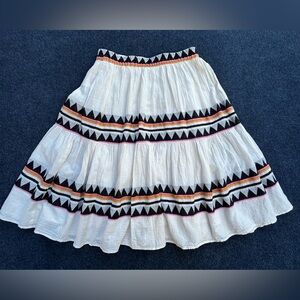 Devotion TWINS A-Line Tiered Skirt in Off-White with Aztec pattern.